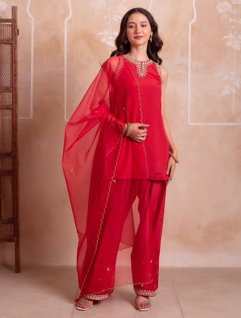 Red farshi kurta salwar handwork dupattta set