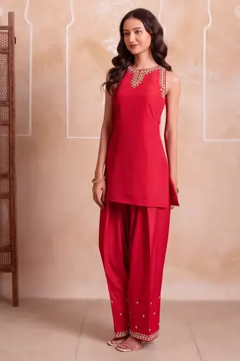 Red farshi kurta salwar handwork dupattta set