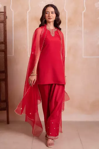 Red farshi kurta salwar handwork dupattta set