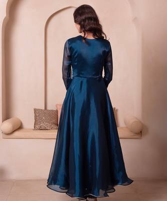 Teal blue organza handwork anarkali suit set 2