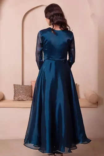 Teal blue organza handwork anarkali suit set