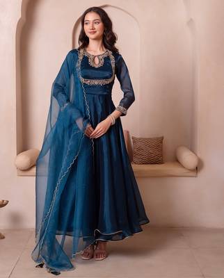 Teal blue organza handwork anarkali suit set 1