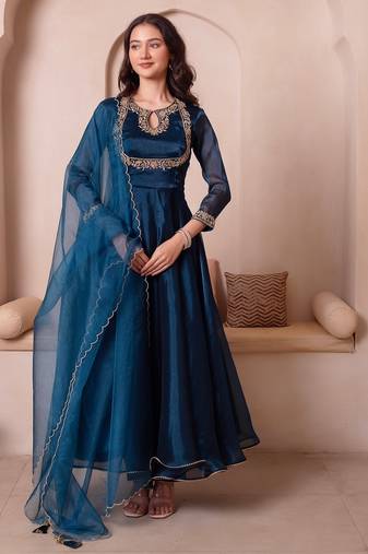 Teal blue organza handwork anarkali suit set