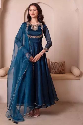 Teal blue organza handwork anarkali suit set