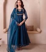 Teal blue organza handwork anarkali suit set