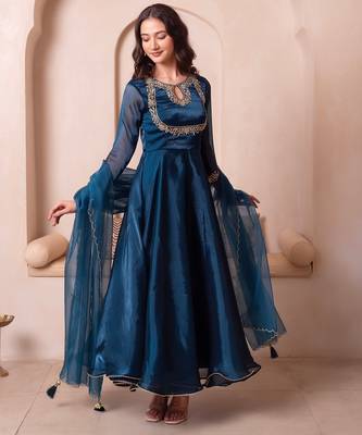 Teal blue organza handwork anarkali suit set 3