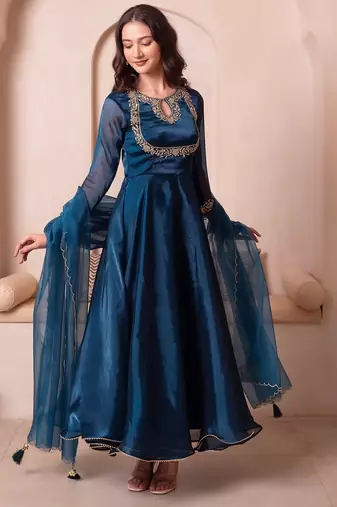 Teal blue organza handwork anarkali suit set