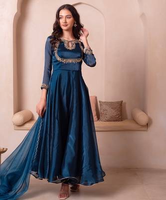 Teal blue organza handwork anarkali suit set 4