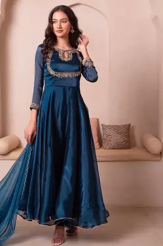 Teal blue organza handwork anarkali suit set