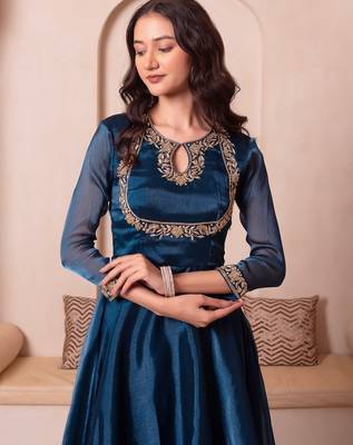 Teal blue organza handwork anarkali suit set 5