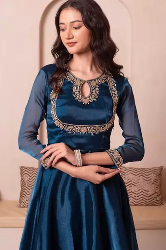 Teal blue organza handwork anarkali suit set