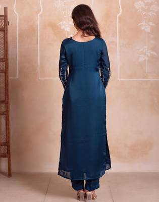 Teal blue satin handwork pakistani kurta set with tissue handwork dupatta 2