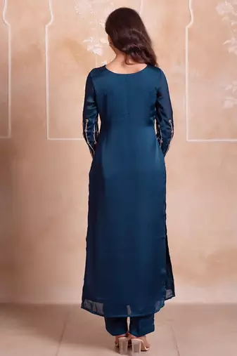 Teal blue satin handwork pakistani kurta set with tissue handwork dupatta