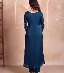 Teal blue satin handwork pakistani kurta set with tissue handwork dupatta