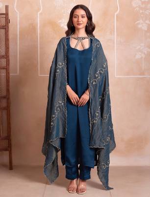 Teal blue satin handwork pakistani kurta set with tissue handwork dupatta 3