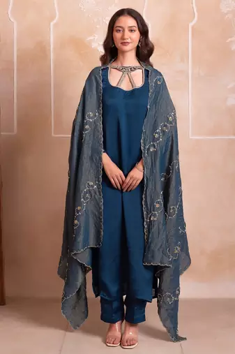 Teal blue satin handwork pakistani kurta set with tissue handwork dupatta