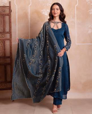 Teal blue satin handwork pakistani kurta set with tissue handwork dupatta 4