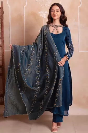Teal blue satin handwork pakistani kurta set with tissue handwork dupatta