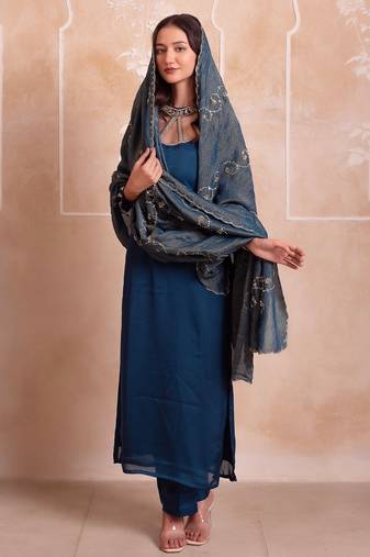Teal blue satin handwork pakistani kurta set with tissue handwork dupatta