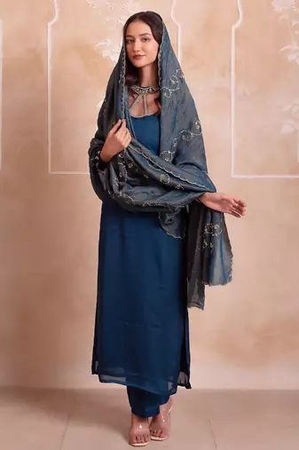 Teal blue satin handwork pakistani kurta set with tissue handwork dupatta