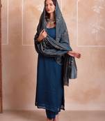 Teal blue satin handwork pakistani kurta set with tissue handwork dupatta