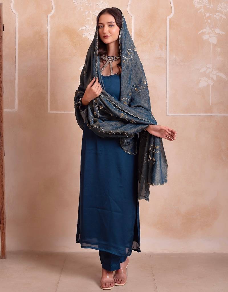 Teal blue satin handwork pakistani kurta set with tissue handwork dupatta