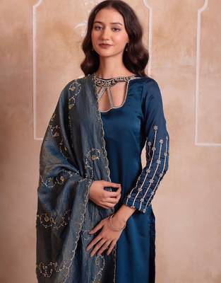 Teal blue satin handwork pakistani kurta set with tissue handwork dupatta 5