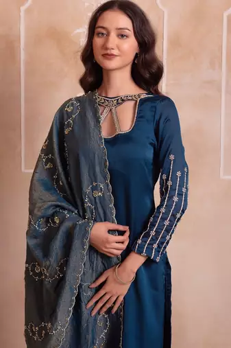 Teal blue satin handwork pakistani kurta set with tissue handwork dupatta
