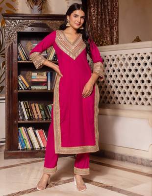 Pink rayon gotapatti straight suit set 1