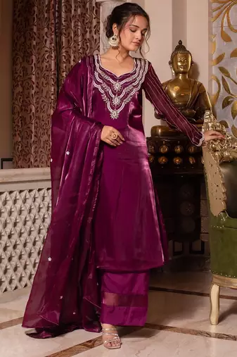Wine handwork pakistani organza suit set
