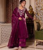 Wine handwork pakistani organza suit set