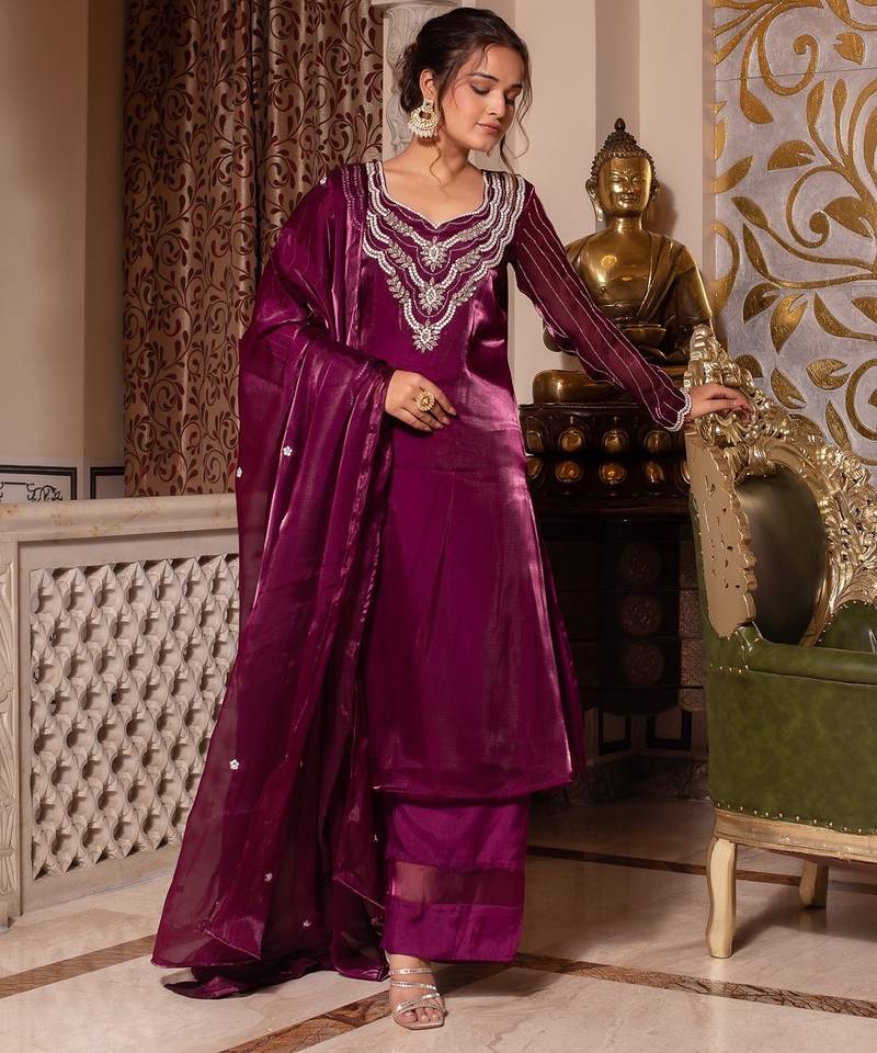 Wine handwork pakistani organza suit set
