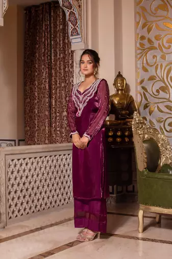 Wine handwork pakistani organza suit set