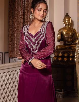 Wine handwork pakistani organza suit set 3