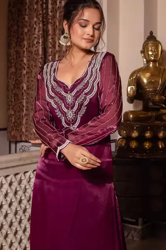 Wine handwork pakistani organza suit set