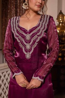 Wine handwork pakistani organza suit set 4