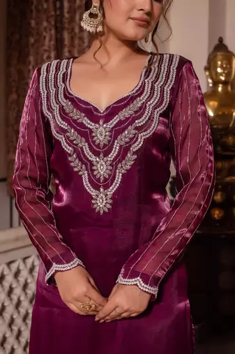 Wine handwork pakistani organza suit set
