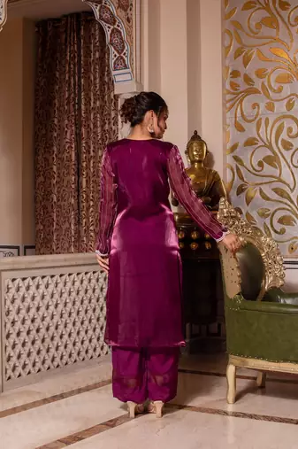Wine handwork pakistani organza suit set