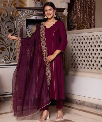 Wine zari organza suit set 2