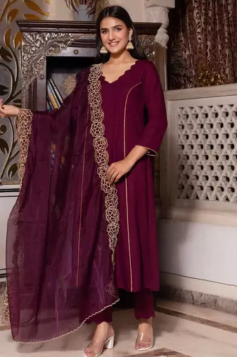 Wine zari organza suit set
