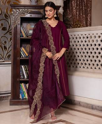 Wine zari organza suit set 3