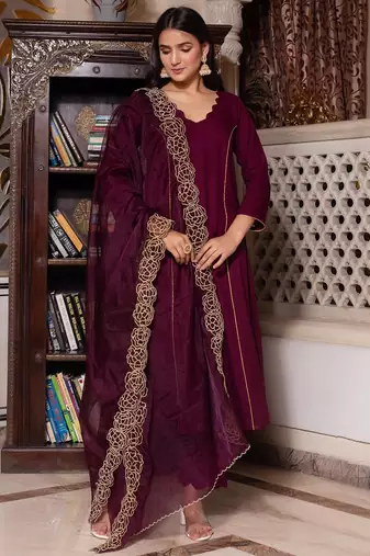 Wine zari organza suit set