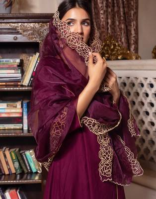 Wine zari organza suit set 5