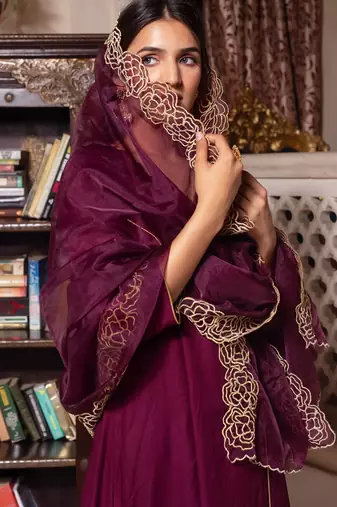 Wine zari organza suit set
