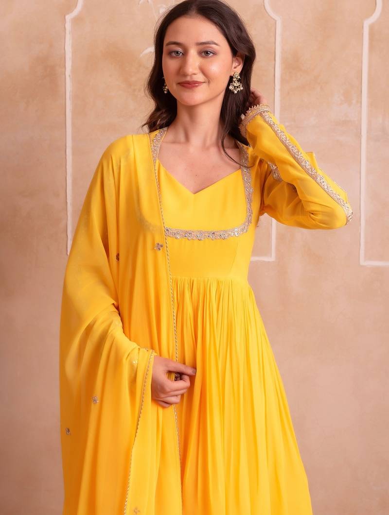 Yellow georgette gotapatti anarkali suit set