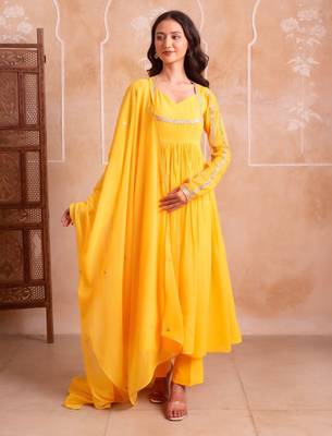 Yellow georgette gotapatti anarkali suit set 2
