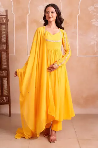 Yellow georgette gotapatti anarkali suit set