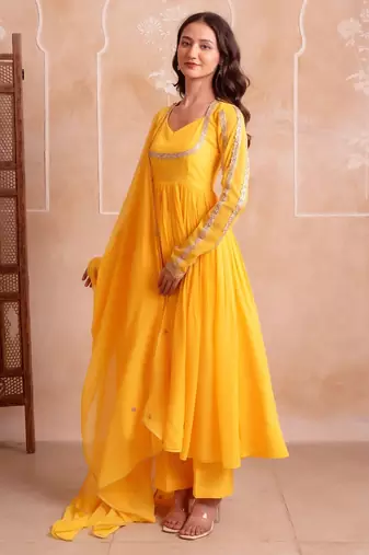 Yellow georgette gotapatti anarkali suit set