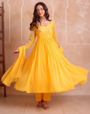 Yellow georgette gotapatti anarkali suit set 4
