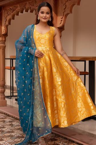 Yellow jacquard gotapatti organza anarkali suit set